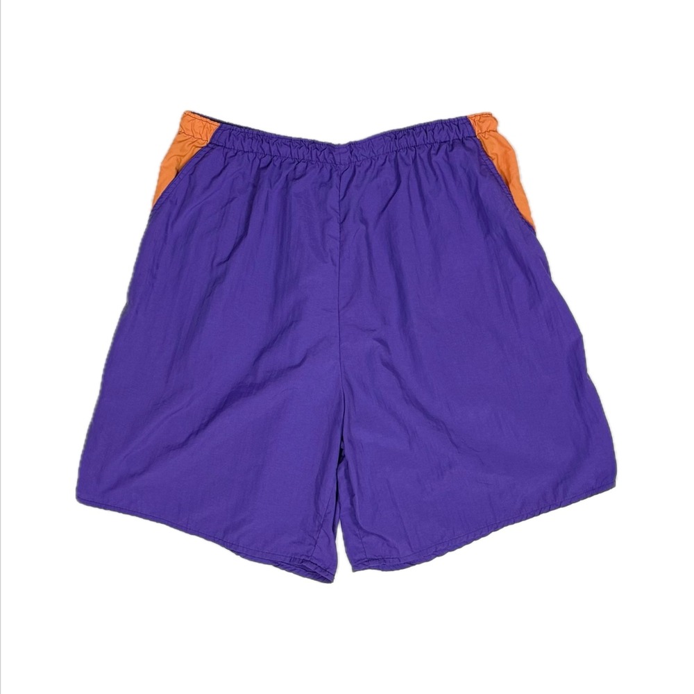 Vintage 80s Champion Made in USA purple orange nylon athletic gym shorts mens XL